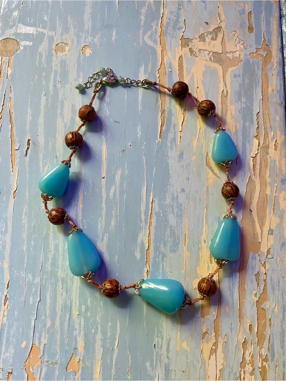 Vintage blue stone and wood bead necklace
